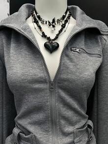 EgrlEra 女士 Baddie 风格复古朋克拉链纯色加厚卫衣，灰色，摇滚明星 - 灰色 - 查看 3