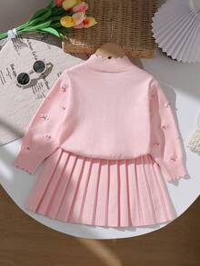 Elladie kids 女童粉色針織開襟衫與百褶裙兩件套，長袖女童套裝，適合春/秋/冬，復古外出聚會休閒穿著 - 粉色 - 查看 2