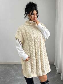 Elenzga Plus Size Women's Sweater Dress,Twisted Rope Design High Neck Mini Dress,White,Autumn,Smart Casual,Everyday Loose Casual Solid Half-Sleeved Dress - Apricot - View 1