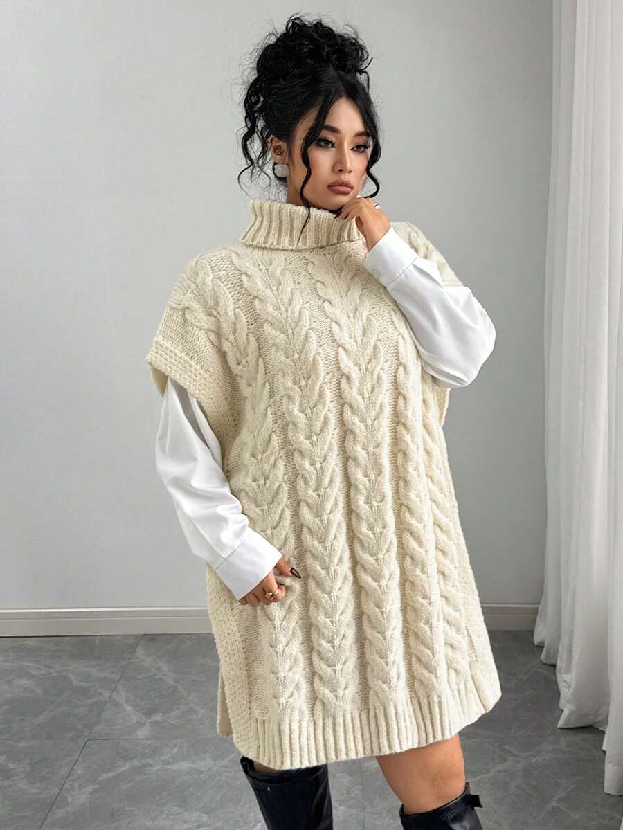 Elenzga Plus Size Women's Sweater Dress,Twisted Rope Design High Neck Mini Dress,White,Autumn,Smart Casual,Everyday Loose Casual Solid Half-Sleeved Dress - Apricot - View 1