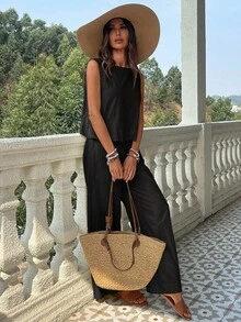 KARISMINA 2 件套女士纯色梭织修身背心和高腰宽松直筒裤套装春季女士热带度假服装亚麻 - 黑色 - 查看 11