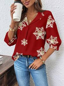 EMERY ROSE Plus Size Women Casual V-Neck Snowflake Print Long Sleeve T-Shirt, Suitable For Office Wear In Autumn/Winter/Christmas