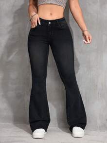 SHEIN ICON Quần jeans ống loe ôm sát cổ điển co giãn cỡ lớn dành cho nữ, trang phục cowgirl rodeo đa năng - màu đen - Xem 7