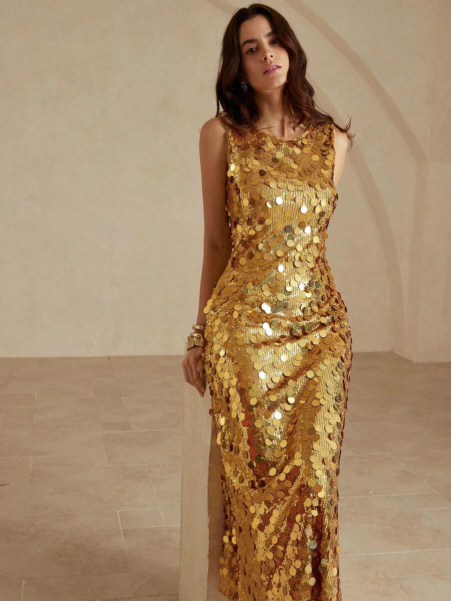 Aveloria Rosie 性感亮片网眼紧身圆领无袖派对连衣裙 - 金色 - 查看 1
