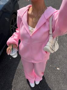 SHEIN EZwear Bộ 2 áo len dài tay có mũ trùm đầu màu hồng cho nữ kèm quần dài - Hồng - Xem 5