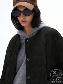 GENKIRA Women's Autumn/Winter New Corduroy Heart Pattern Striped Loose Short Padded Padded Coat - Black - View 5