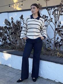 Andrea Bello Pulover tricotat cu guler înalt și dungi colorate pentru femei, pulover tricotat toamnă/iarnă