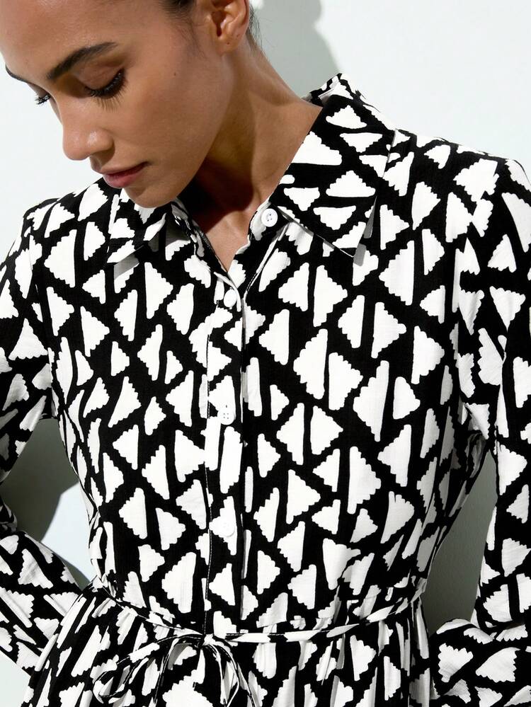 SHEIN Maija Damska sukienka koszulowa jednorzędowa z długim rękawem i geometrycznym nadrukiem, na co dzień