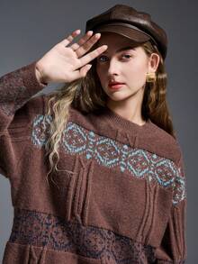 INAWLY Women's Retro Geometric Pattern Sweater, Autumn/Winter - Coffee Brown - View 5