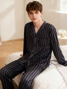 Striped Long Sleeve Cardigan & Pants Loungewear Set For Teenage Boys