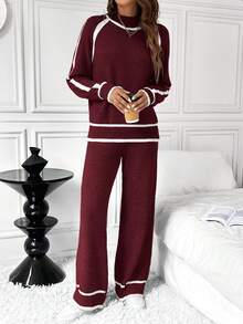 SHEIN LUNE Bộ 2 áo len màu tương phản rộng rãi thoải mái cho nữ - Màu Đỏ Sâu - Xem 3