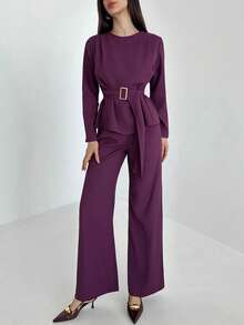 Aloruh Conjunto de 2 piezas de camisa y pantalones de unicolor elegante para mujer - Morado - Ver 5