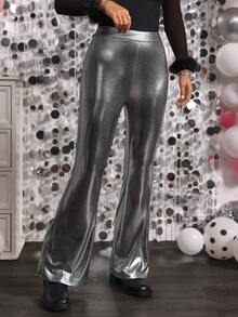LanaWest Women's Black High Waist Flare Pants With Shiny Silver Triangle Sequins, Suitable For Party And Leisure - Black - View 4