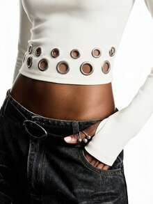 LYSMO 2025新款极简秋冬女式修身高领短款长袖上衣，饰有醒目的金属孔眼下摆，前卫都市酷炫风格，吸睛单品，显瘦显瘦，派对吸睛，性感女孩必备，前卫设计，引领时尚潮流，杏色上衣 - 杏色 - 查看 10