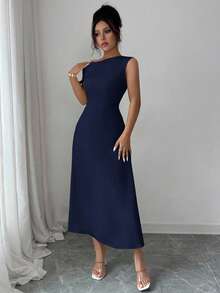 Modelyn Women's Yellow Asymmetric-Shoulder Ruched Waist Elegant Dress - Navy Blue - View 7