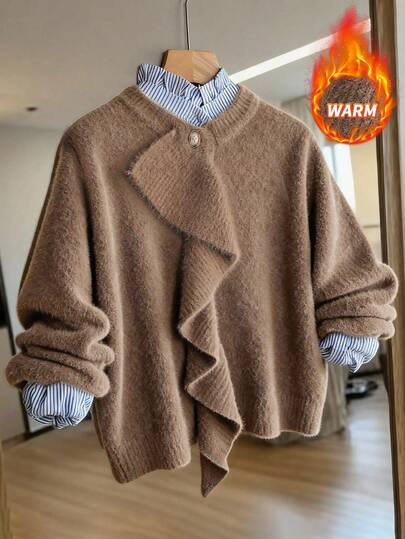 Franclia Elegant och trendig ung, enkel och mångsidig stickad kofta med volangkrage för kvinnor, höst/vinter.