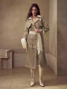 MOTF PREMIUM WOMEN'S AUTUMN/WINTER FASHION HOLLOW OUT LAPEL COLLAR CONTRAST COLOR PU PATCHWORK TRENCH COAT - Coffee Brown - View 4