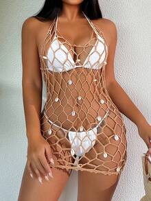 Swim SXY Women Backless Tie Strap Shell Mesh Cover Up Dress, Beach Wear - Khaki - View 8