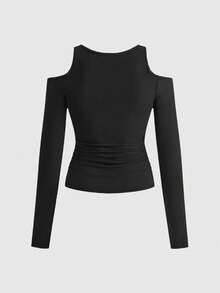 ROMWE Grunge Punk Y2K Sexy Punk Style Wing & Vine Print Rhinestone Embellished Off-Shoulder Long Sleeve Women T-Shirt - Black - View 2