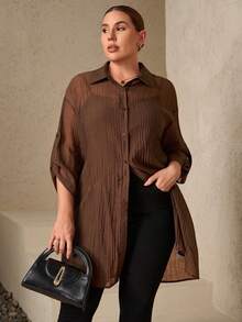 Chikora Plus Size Button-Up Long Sleeve Shirt For Women, Autumn Brown Blouse For Thanksgiving New Year Christmas Winter - Brown - View 7