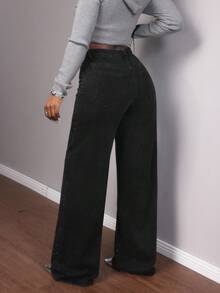 Slaydiva 女士时尚通勤水钻装饰阔腿牛仔裤 - 黑色 - 查看 6