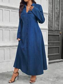 EMERY ROSE A Large-Sized Woven Elegant And Stylish Autumn Dress For Commuting - Blue - View 5