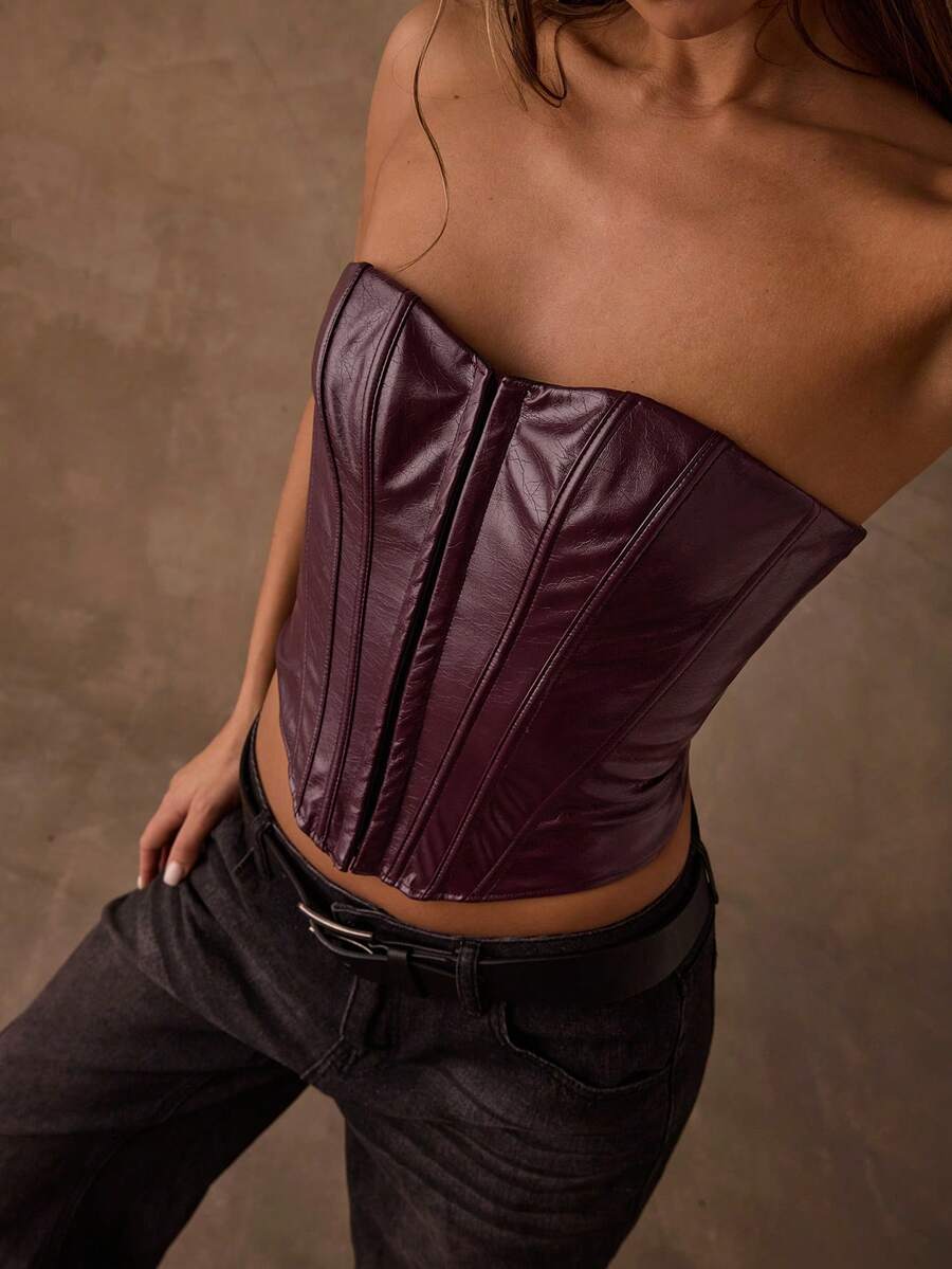 SHEIN BAE 女士时尚性感纯色抹胸 - 酒紅色 - 查看 1