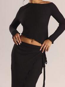 MUSERA Asymmetric Shoulder Long Sleeve Top With Tie Side Wrap Over Maxi Skirt Set Autumn Winter Co-Ord Casual Going Out Sexy Halloween Everyday Night Out Cute Cosy Tusk Christmas Party Elegant  Chic