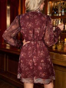 SHEIN Clasi Plus Size Elegant Party Floral Print Dress - Burgundy - View 2
