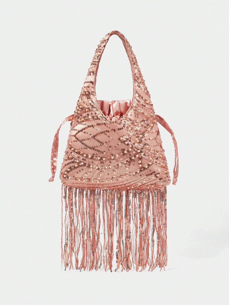 SHECARRY Women's Fashion Sequin Tassel Hem Handbag - Champagne - View 1