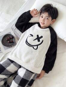 SHEIN 青少年男孩秋冬图案撞色插肩袖裤子格子羊毛睡衣套装 - 黑與白 - 查看 4