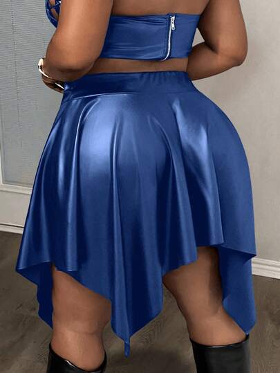 Slaydiva 优雅约会派对聚会宽松纯色黑色不对称下摆PU面料大码短裙，春秋季