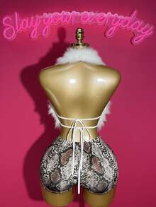 Slaydiva New Summer Casual Street Daily Date Birthday Party Y2K Hot Girl Style Halter V-Neck Short Plush Brown Top + Brown Snake Pattern Knitted Ultra Shorts Mini Shorts WomeTwo Piecesce Set-B - White - View 2