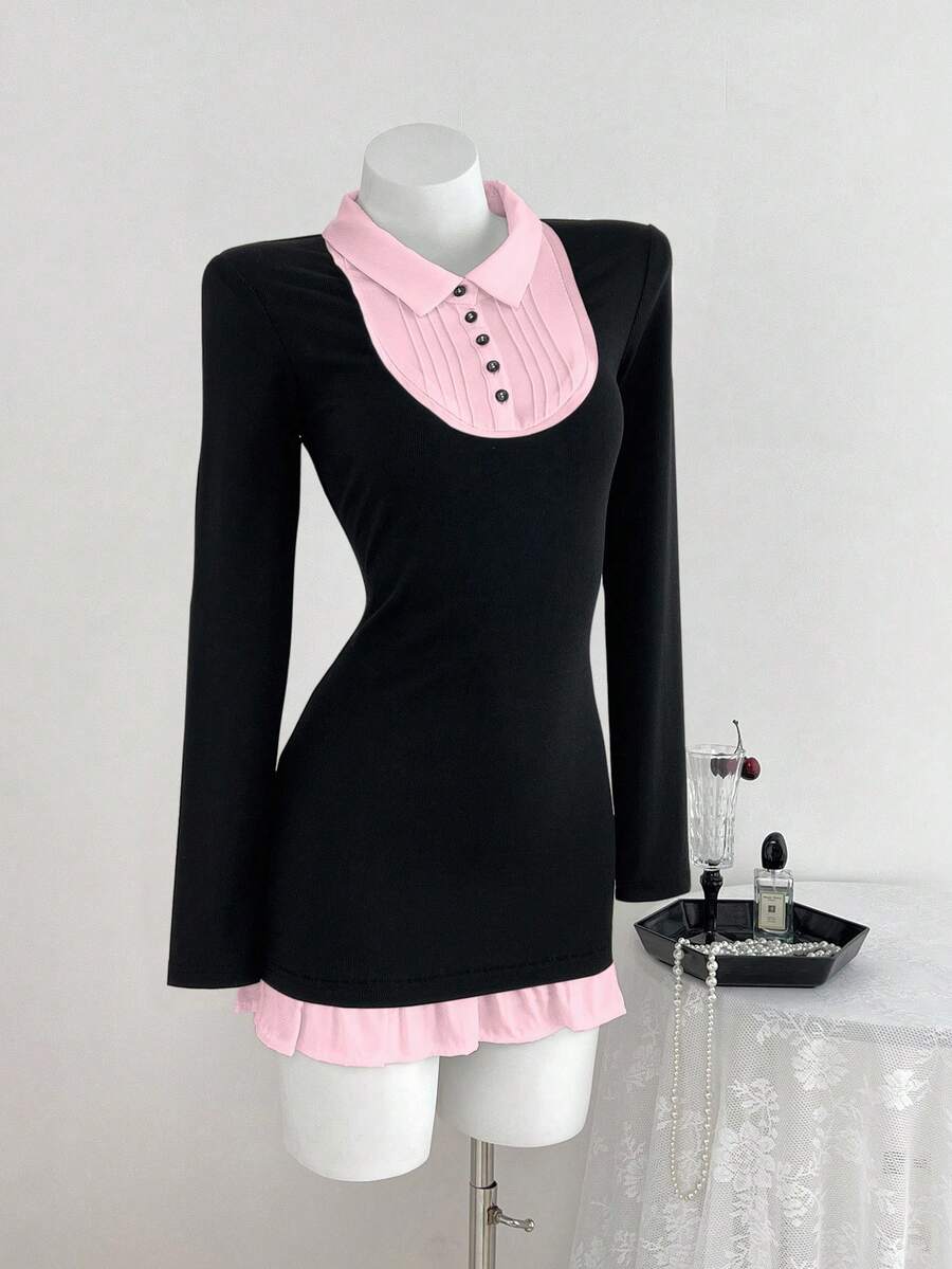 Flirla Women's Patchwork Color Block Long Sleeve Dress, Suitable For Back To School Season, Autumn/Winter - Black - View 1