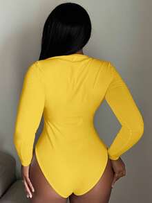 Alexandranx Solid Slim Fit Spring Women Bodysuit - Mustard Yellow - View 2