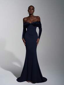 Elitara 优雅、浪漫、端庄、简约、酒红色、针织弹力面料、天鹅绒拼接、露肩、长袖、鱼尾下摆、拖尾、时尚、网红、假日、度假、生日派对、婚礼、伴娘礼服、正式礼服、女士晚礼服 - 藏蓝色 - 查看 7