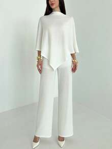 Aloruh 女士宽松蝙蝠袖上衣T恤外套+阔腿裤休闲套装，秋冬 - 白色 - 查看 5