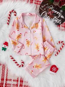 2 件套女童圣诞姜饼印花长袖开衫和裤子舒适休闲家居服套装 - 粉色 - 查看 4