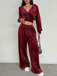 SHEIN EZwear 2pcs/Set Women's Casual Burgundy Front Zip Hoodie And Pants Set, Christmas2 Piecese Outfit,Fall,Fall Clothes For Women - Burgundy - View 5