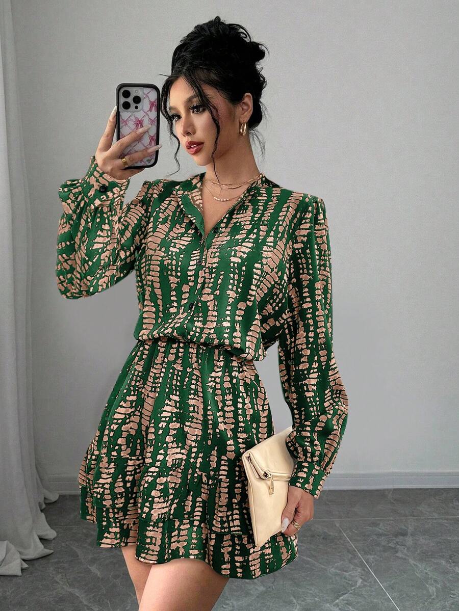 Selianne Váy ngắn Cardigan cổ đứng tay đèn lồng eo nhún bèo cho nữ mùa thu - Màu xanh lá cây đậm - Xem 1