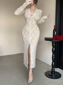 DAZY 秋冬镂空蕾丝连衣裙，优雅大方，适合新年、圣诞节、婚礼、派对、宴会等场合。时尚透视网纱高开衩修身腰部抽绳系带中长连衣裙，尽显女性魅力。 - 米色 - 查看 7