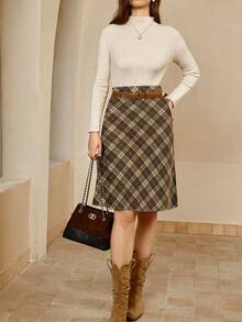 Cévolie Women's High Waist Casual Plaid Skirt