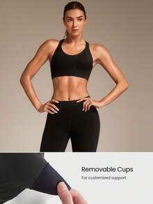 GLOWMODE FeatherFit™ 交叉露背圆领可拆卸胸垫运动文胸，适合低强度瑜伽、普拉提、健身房及日常休闲穿着 - 黑色 - 查看 3