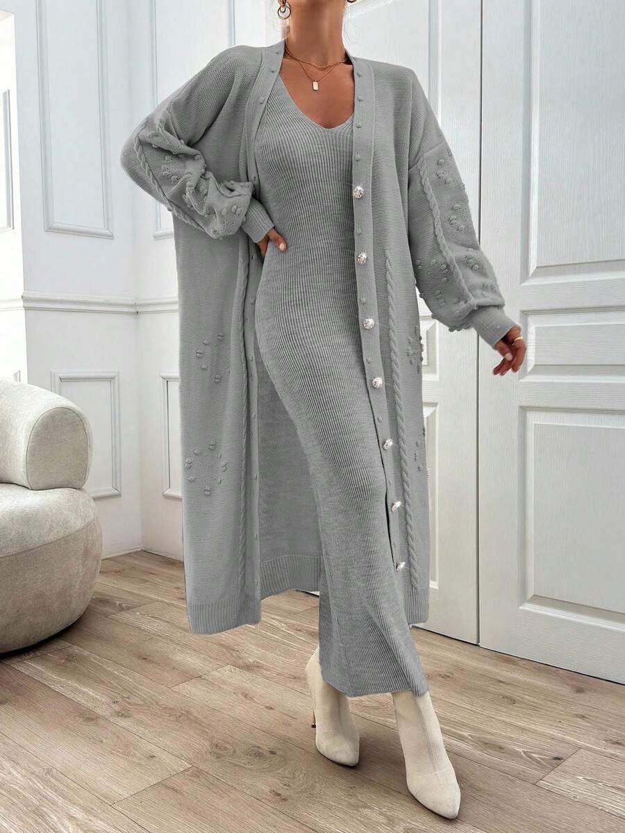 EURMUSE Ponpon And Stone Button Detail Maxi Long Cardigan - Grey - View 1