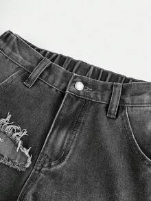 SHEIN Girlism بنطلون جينز واسع الساق مغسول مع حواف مبرودة، ملابس عصرية لفتيات المراهقات في طراز Fairycore، مناسب للمدرسة والشارع - الأسود - مشاهدة 4