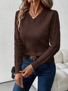 SHEIN Clasi Sweater Lengan Panjang Leher V Wanita, Atasan Lengan Panjang untuk Musim Gugur/Dingin, Pakaian Musim Gugur untuk Wanita - Mocha Brown - View 3