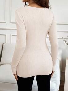 SHEIN Pregnant Women's Solid Color Overlap V-Neck Long Sleeve Fitted Nursing Sweater, Autumn/Winter - Apricot - View 7
