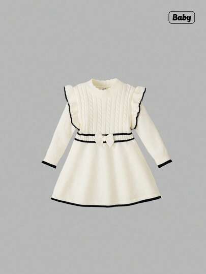 Sweetra Vestido de suéter de manga larga con cuello con volantes y cuerda trenzada para niñas, cómodo para otoño/invierno, color albaricoque, de moda y versátil para uso diario, en casa, al aire libre y para viajar