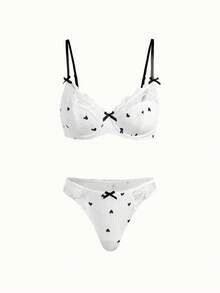 Bonmuse 1件女款白色愛心蕾絲飾邊內衣套裝，夏季內衣 - 白色 - 查看 7