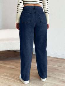 SHEIN Cottnline Mom Fit Plus Jeans With Snow Wash, - Royal Blue - View 2
